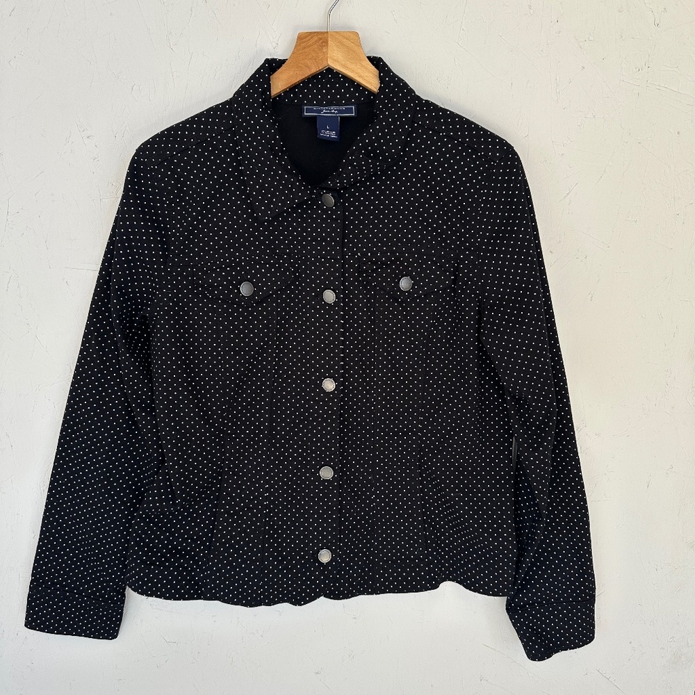 Charter Club Navy Blue and White Polka Dot Women's  Jean Jacket Large